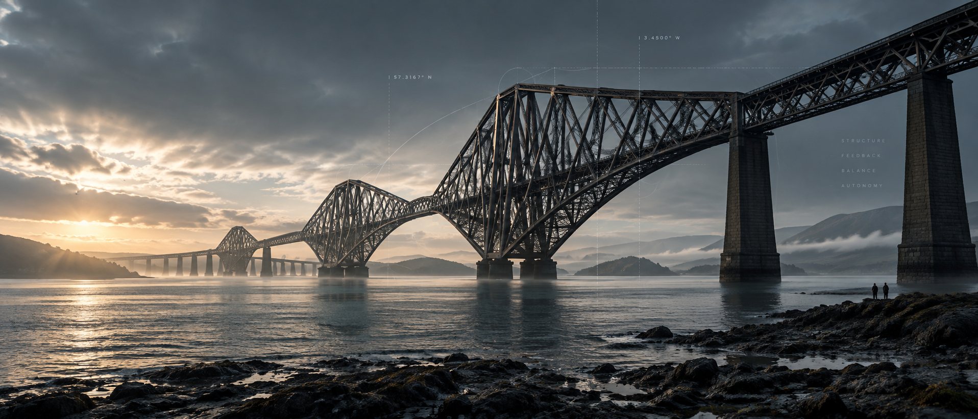 Conceptual panoramic scene inspired by Scottish cantilever engineering, with a monumental steel bridge, two distant figures and subtle structural annotations.
