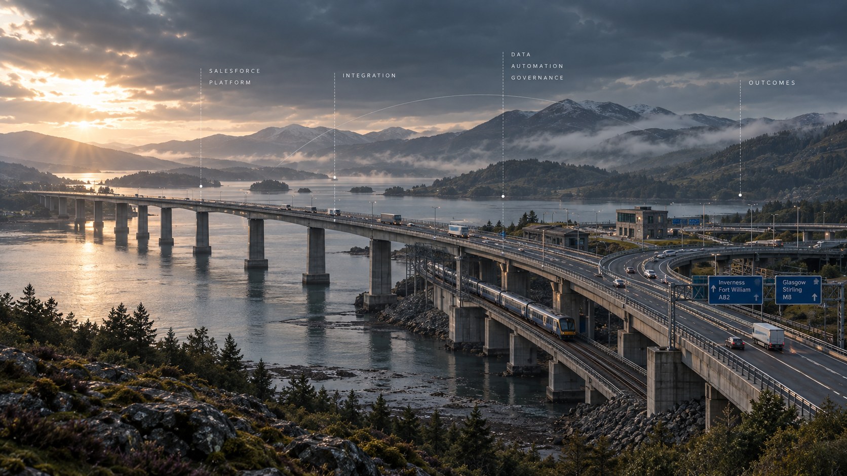 Editorial view of a contemporary transport interchange crossing a Scottish landscape, used as a metaphor for Salesforce connecting into a wider enterprise system.